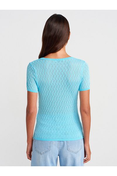 Dilvin 10730 Open Crew Neck Openwork Bow Detailed Thin Knitwear Blouse-Turquoise