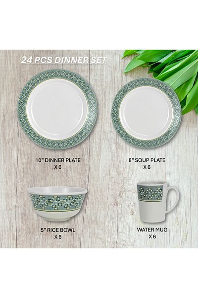 Melrich 24 Pcs Melamine Dinner Set Dinner and Soup plates water mug 7 Bowl Dishwasher & Freezer safe