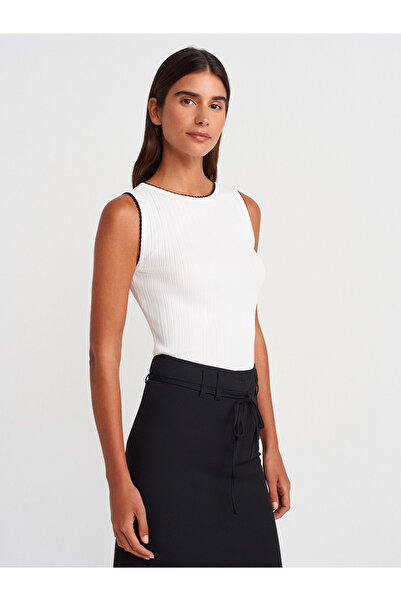 Dilvin 10753 Boat Neck Ribbed Thin Knitwear Blouse-Ecru-Black