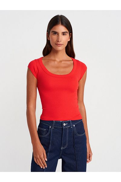 Dilvin 31808 Round Neck Ribbed T-Shirt-Red