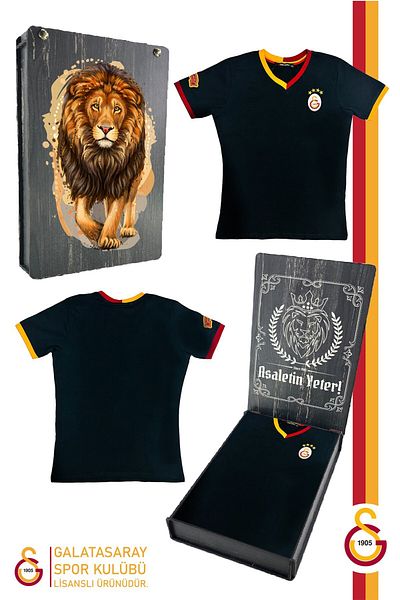 Galatasaray Tricou pentru copii negru de bază cu licență originală Gs Lion Printed Gift Wood