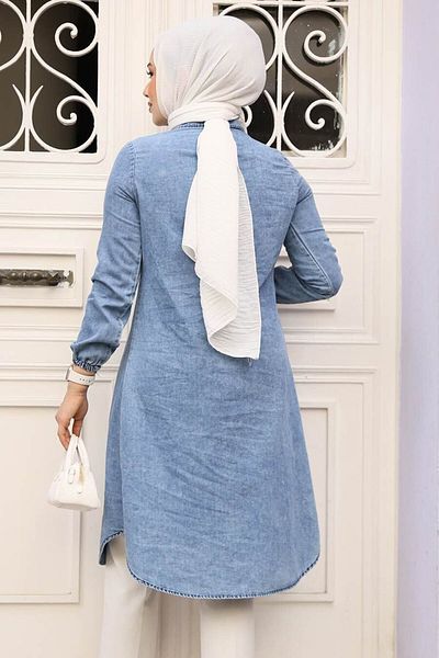 Neva Style Tunica din denim hijab albastru inchis cu fermoar 4673KM