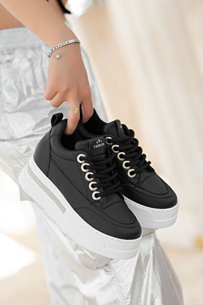 Lavish Gold Αθλητικά παπούτσια Lulu Black Skin White Lace Up Sneakers