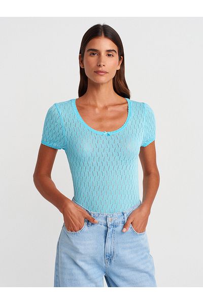 Dilvin 10730 Open Crew Neck Openwork Bow Detailed Thin Knitwear Blouse-Turquoise