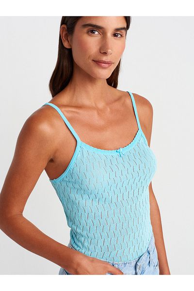 Dilvin 10732 Strappy Openwork Bow Detailed Thin Knitwear Blouse-Turquoise
