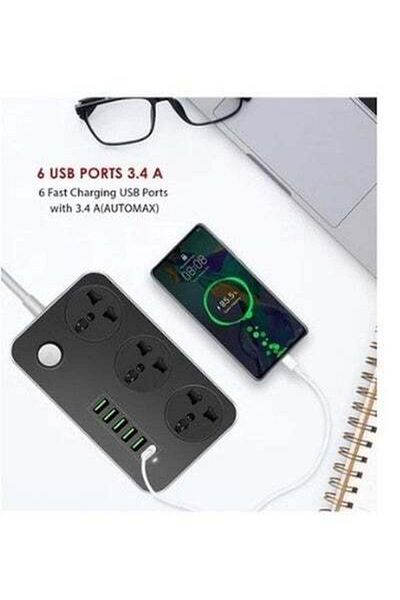 HALAMODO شريط طاقة USB بستة منافذ (قابس الاتحاد الأوروبي) أسود 162 × 97 × 38 مم