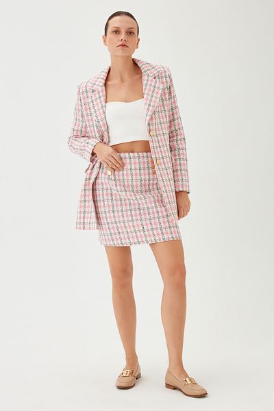 Park Karon Women's Pink Plaid Pattern Long Blazer Short Skirt Set