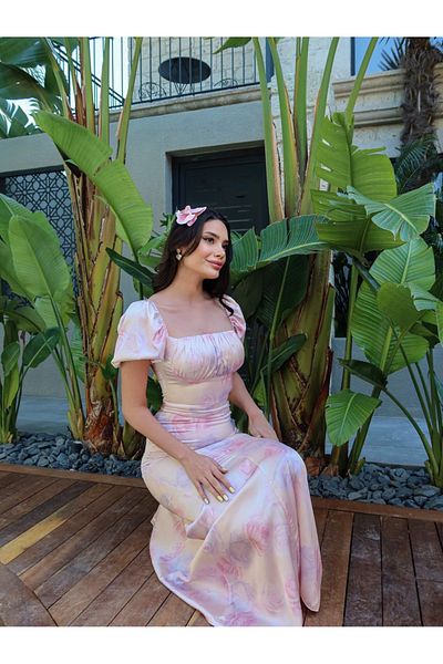 ESRAHELVACI Square Neck Floral Patterned Satin Dress