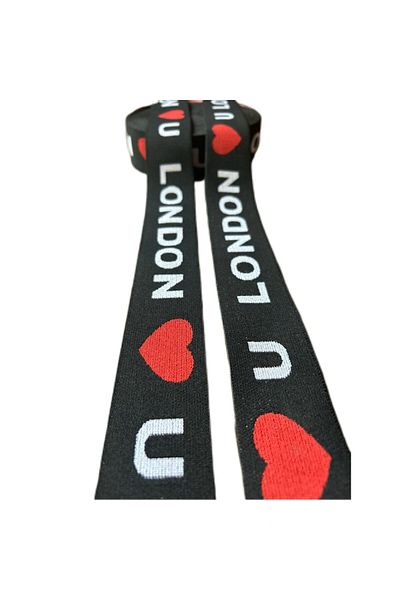 ŞENEL DAR DOKUMA 4cm Black-White London Written Heart Jacquard Woven Rubber- Flat Rubber- Elastic Band / 25m