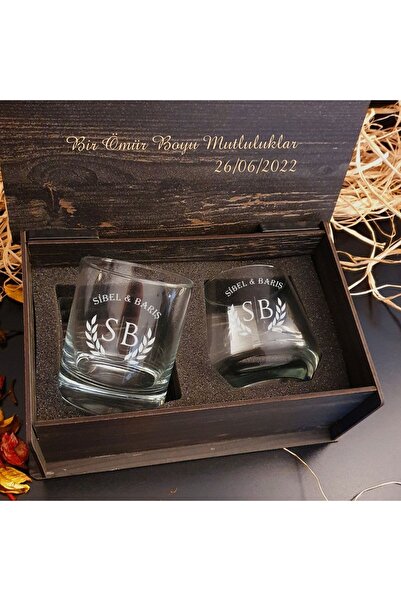 hediyekralı Kişiye Özel Ahşap Kutu İçinde Viski ve Ayaksız Şarap Kadehi Hediy...