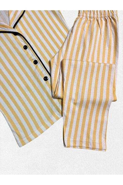 Fil Kids Kız Çocuk %100 Pamuklu Sarı Çizgili Gömlek Yaka Boydan Düğmeli Kısa Kollu Yazlık Pijama Takımı