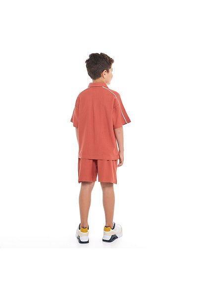 Victor and Jane Boys' Jacquard Reddish-Orange 2-Piece Outfit Set with Pockets, Polo T-Shirt With Half  Zipper