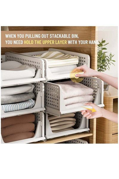 COOYA 4 Pack Storage Racks, Stackable, Sliding Design, Suitable for Wardrobe Cupboard Bathroom Office