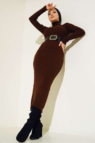giyze Ribbed Long Knitwear Dress Brown 23100