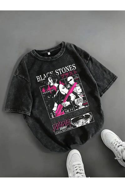Touz Moda Vintage Μαύρα Πέτρες με στάμπα Oversize Vintage T-Shirt