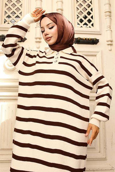 giyze Striped Knitwear Dress with Button Detail on Collar Beige 11031-08