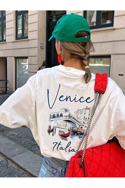 AEMİ Tricou alb supradimensionat unisex Venice İtala cu imprimeu pe spate 100...