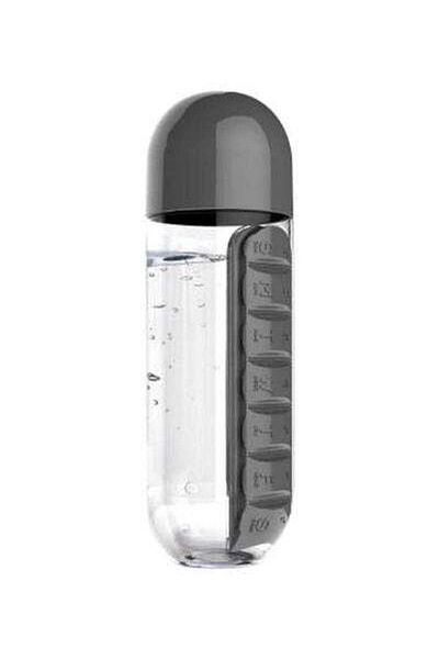 HALAMODO Water Bottle With Built-In Daily Pill Box Organizer Grey 15cm