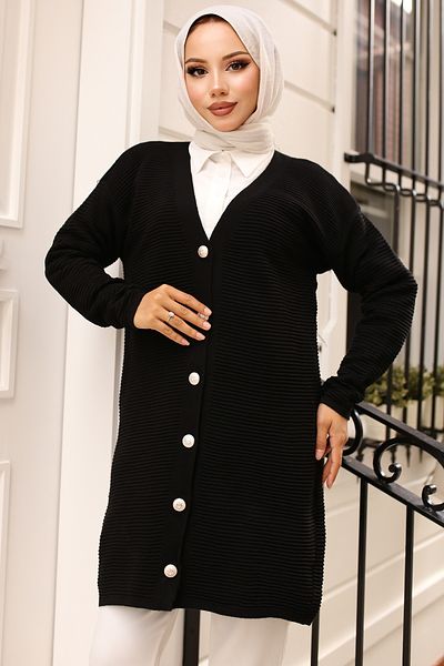 giyze Button Detailed Corded Cardigan Black 3091