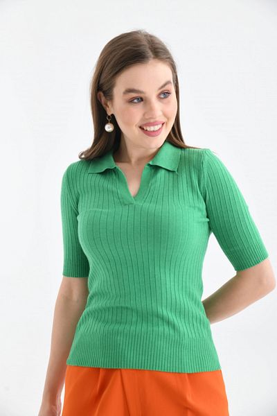Park Karon Women's Slim Fit Pola Collar Basic Knitwear Short Sleeve Sweater