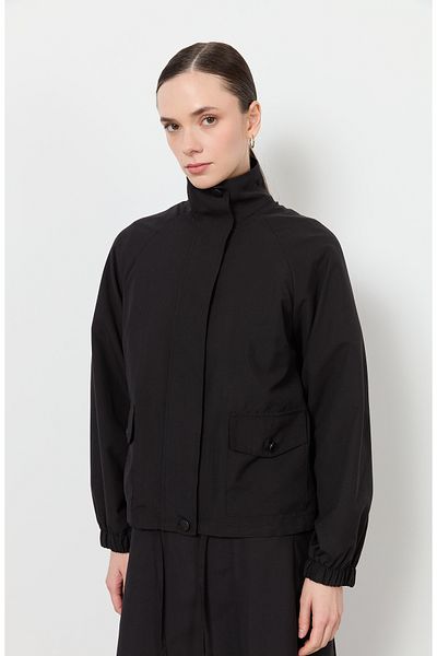 Fatma Atasoy Zippered Stand Collar Black Trench Jacket