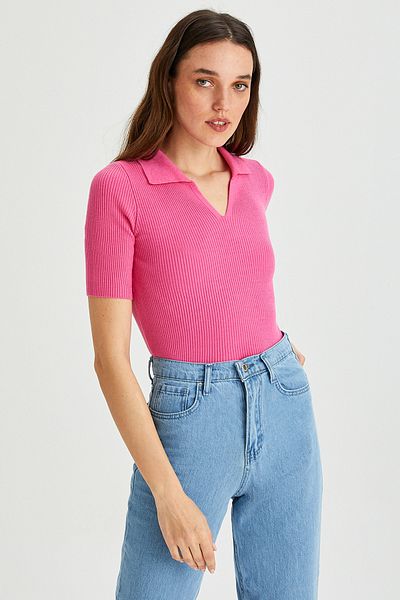 Park Karon Women's Polo Neck Short Sleeve Basic Knitwear Blouse