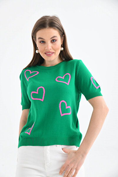 Park Karon Zelený svetr s krátkým rukávem a srdíčkem