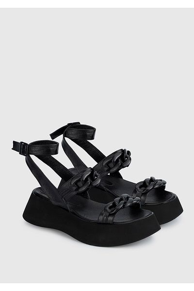 Provoq Sandale plate negre pentru femei din piele
