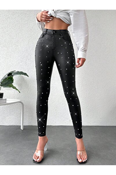 justblack Siyah Yüksek Bel Taş Detaylı Suni Deri Pantolon JustBlack