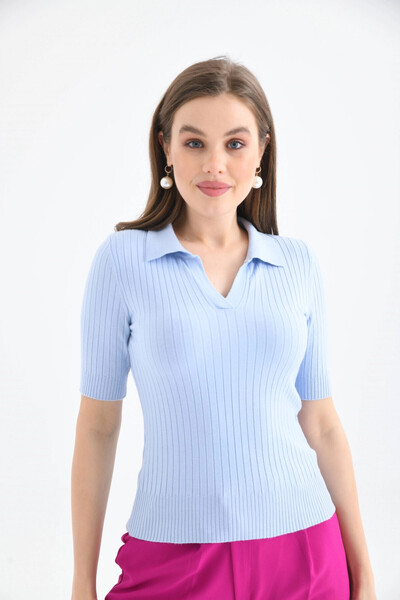 Park Karon Pulover cu mânecă scurtă pentru damă, slim fit, cu guler pola, tri...