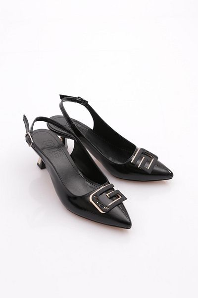 DGN Pantofi cu toc cu cataramă de damă, piele lacuită șifonată neagră 216132621