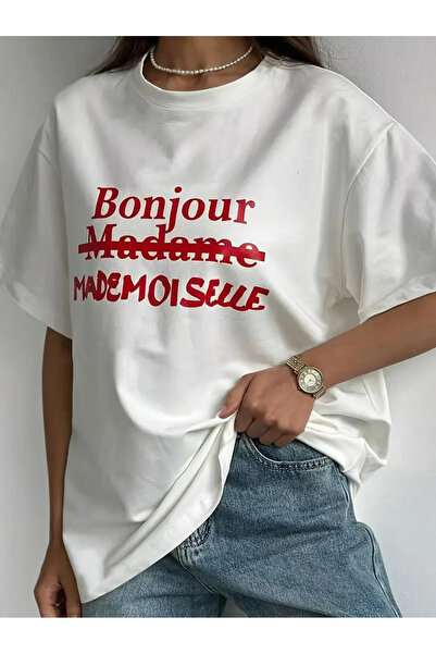 AEMİ Tricou alb unisex Bonjour Mademoiselle imprimat 100% bumbac cu litere su...