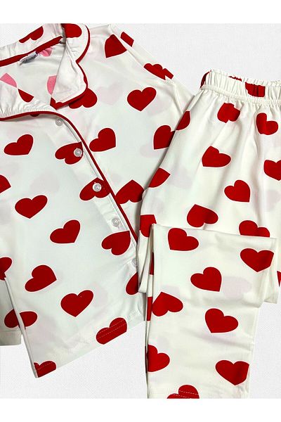 Fil Kids Set de pijamale de sezon pentru fete, 100% bumbac, alb, cu model de inimă, guler de cămașă, cu mânecă lungă, cu nasturi