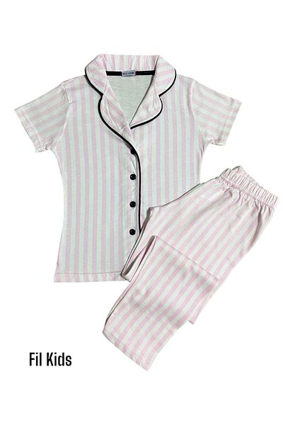 Fil Kids Girl's 100% Cotton Pink Striped Shirt Collar Buttoned Short Sleeve Summer Pajama Set