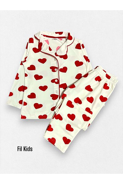 Fil Kids Set de pijamale de sezon pentru fete, 100% bumbac, alb, cu model de inimă, guler de cămașă, cu mânecă lungă, cu nasturi