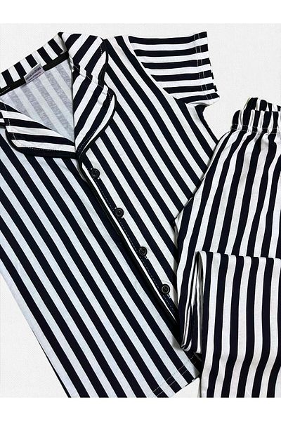 Fil Kids Set de pijamale de vară cu mânecă scurtă, 100% bumbac, cu dungi negre, guler de cămașă pentru băiat