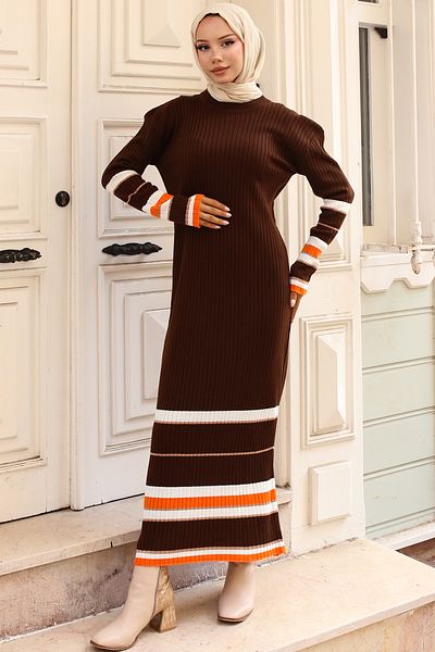 giyze Ribbed Detailed Knitwear Dress Brown 24206