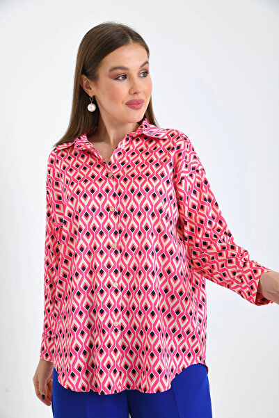 Park Karon Fuşya Desenli Oversize Uzun Kol Basic Saten Gömlek