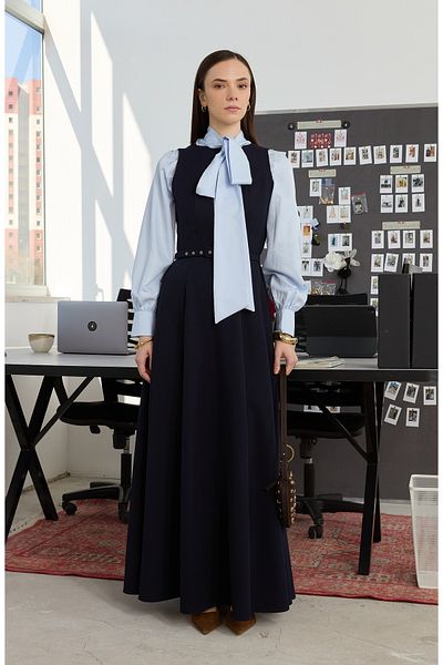 Fatma Atasoy Navy Blue Princess Gilet with Plated Belt