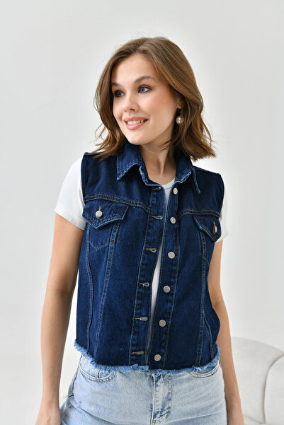 Park Karon Women's Dark Blue (Enzyme) Button Detail Jean Vest