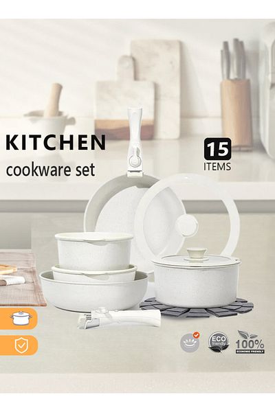 COOYA 15-pieces Kitchen Cookware Set, With Detachable Handle, Oven Safe, For All Stovetops, White