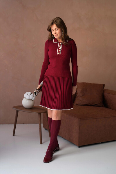 Park Karon Women's Polo Neck Button Detail Sweater Skirt Double Knitwear Set