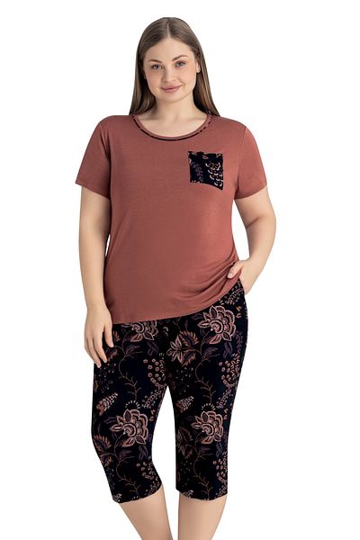 Cotpark Women's Large Size Viscose Combed Fabric Short Sleeve Capri Suit with Leggings 14657