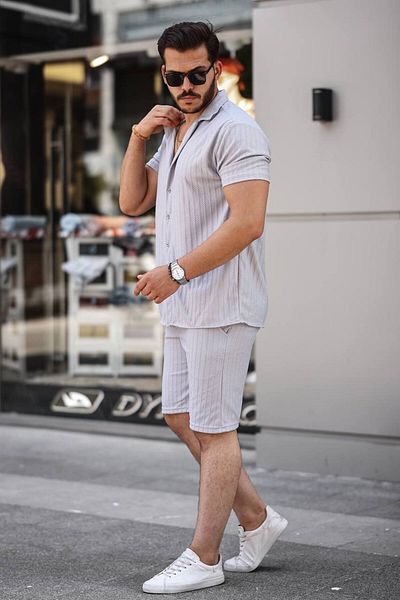Tex Republic Men's Gray Twisted Summer Basic Oversize Shorts Shirt Set