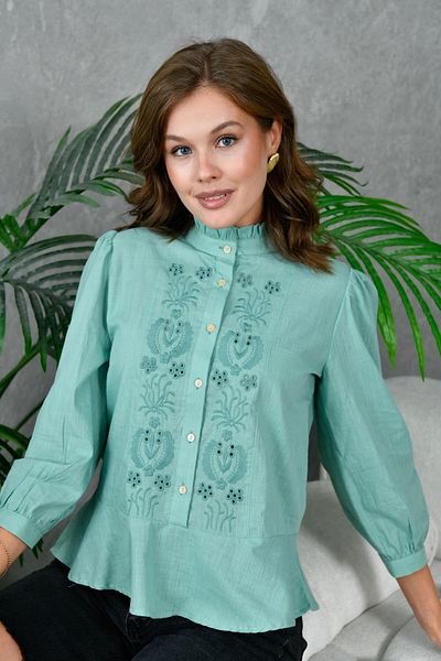 Park Karon Çağla Collar Ruffled Embroidery Detailed Women's Blouse