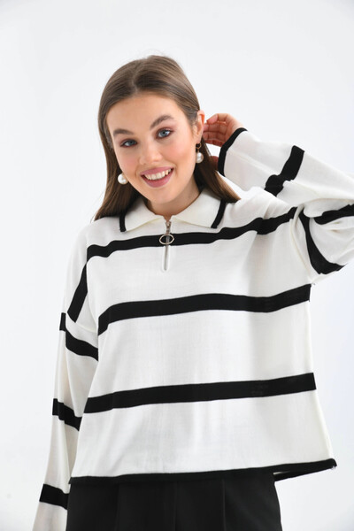 Park Karon Polo Yaka Fermuarlı Çizgil Salaş Mevsimlik Kısa Triko Kazak