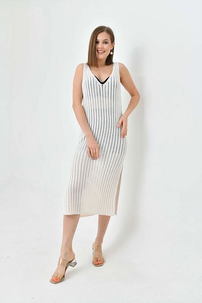 Park Karon Women's Strap Knit Detail Midi Slit Knitwear Dress