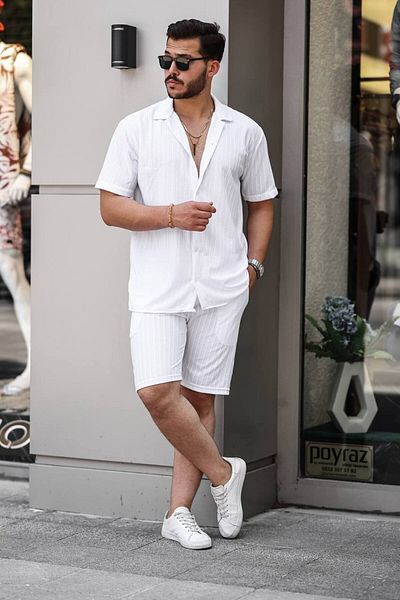Tex Republic Ανδρικό λευκό στριφτό καλοκαιρινό Basic Oversize σορτς πουκάμισο
