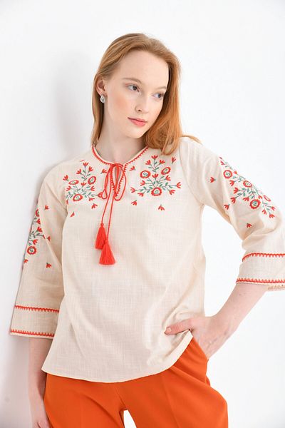 Park Karon Ethnic Κέντημα Λεπτομερής Γυναικεία Μπλούζα Crew Neck