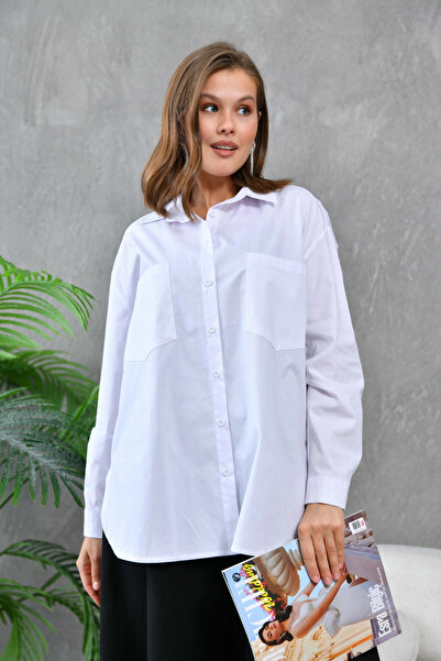 Park Karon Біла сорочка Oversize з попліну - з кишенями